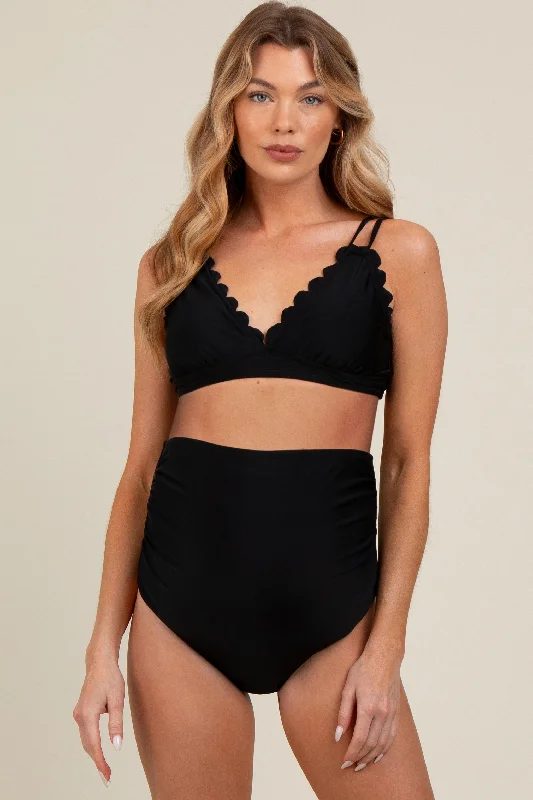Mesh bikini briefs for breathability​ Black Scalloped V-Neck High Waist Two-Piece Maternity Swimsuit