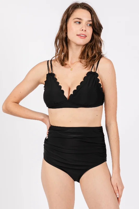 Color - block bikini briefs for a modern style Black Scalloped V-Neck High Waist Two-Piece Swimsuit Color - block bikini briefs for a modern style Black Scalloped V-Neck High Waist Two-Piece Swimsuit