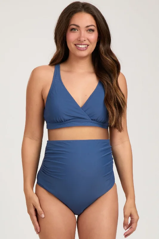 Solid - color bikini briefs in bright hues​ Blue High Waist Maternity Bikini Set