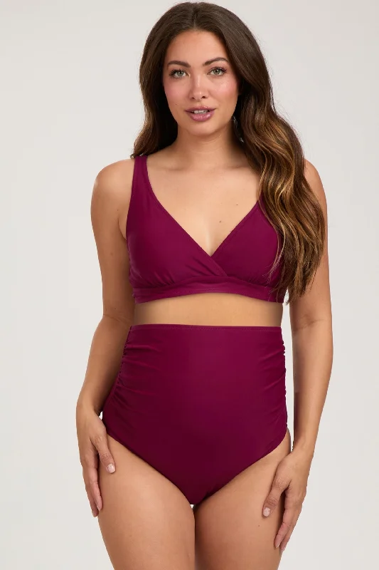 Bikini briefs with adjustable straps​ Burgundy High Waist Maternity Bikini Set