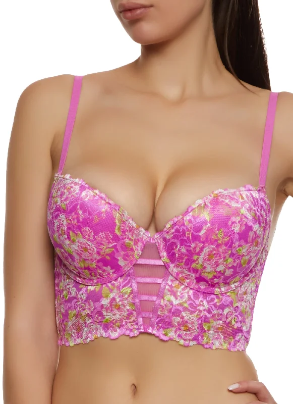 Women's Satin Sleepwear Lingerie  Floral Lace Caged Longline Plunge Bra