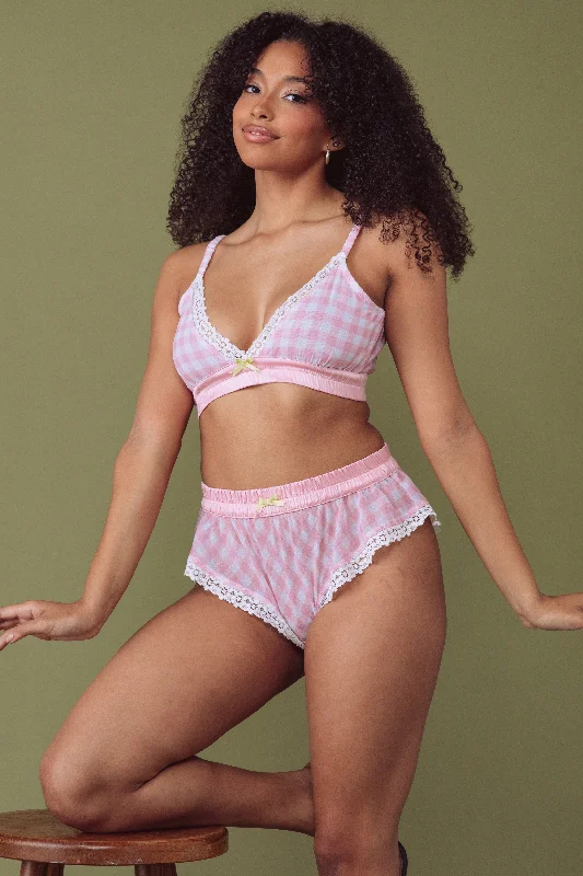 Non wired bralette with a bandeau style​ Pink Gingham Triangle Bralette