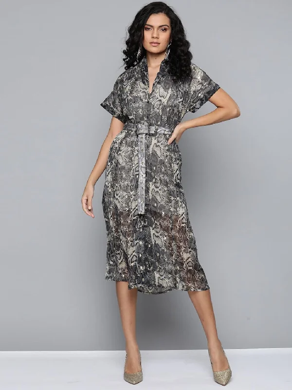 Off - the - Shoulder Women Dress for a Romantic and Feminine Look Off - the - Shoulder Women Dress for a Romantic and Feminine Look Grey Animal Lurex Print Front Open Midi Dress Off - the - Shoulder Women Dress for a Romantic and Feminine Look Off - the - Shoulder Women Dress for a Romantic and Feminine Look Grey Animal Lurex Print Front Open Midi Dress