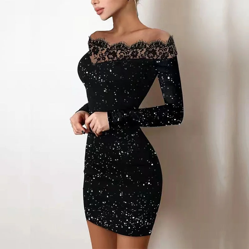 Sheath Women Dress with a Tailored Fit for a Professional Look Sheath Women Dress with a Tailored Fit for a Professional Look Sixsr  Spring Off Shoulder Splicing Lace Dress Sexy Slim-Fit Bright Silk Bag Hip Black Dress Fashion Elegant Women New Mini Party Dress