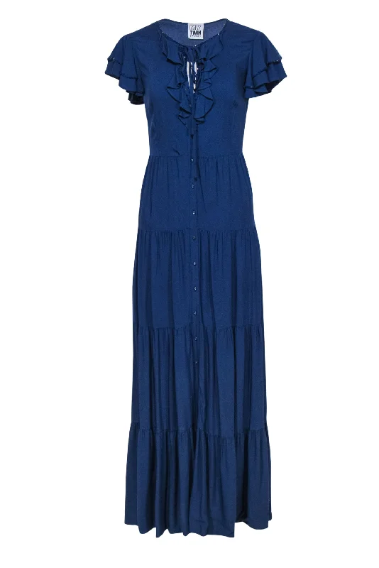 Sleeveless Women Dress in Bright Colors for Summer Parties Sleeveless Women Dress in Bright Colors for Summer Parties Twinset - Navy Tiered Button-Up Maxi Dress w/ Beaded & Ruffled Trim Sz XXS Sleeveless Women Dress in Bright Colors for Summer Parties Sleeveless Women Dress in Bright Colors for Summer Parties Twinset - Navy Tiered Button-Up Maxi Dress w/ Beaded & Ruffled Trim Sz XXS