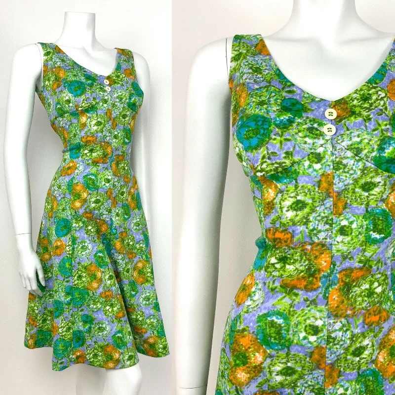 Printed Abstract Women Dress for a Modern and Artistic Appeal Printed Abstract Women Dress for a Modern and Artistic Appeal VTG 60s 70s GREEN EMPIRE LINE SUN DRESS BLUE PURPLE ORANGE FLORAL DITSY 12 14