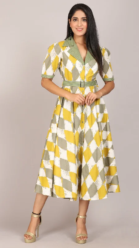 Ruffled Women Dress with Multiple Layers for a Playful and Girly Style Ruffled Women Dress with Multiple Layers for a Playful and Girly Style Yellow printed embroidered collared maxi dress