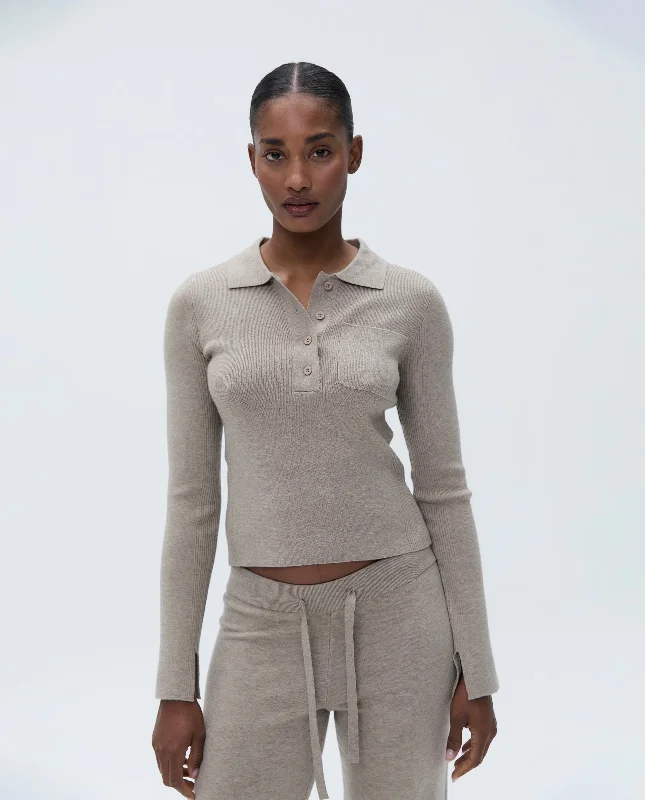 machine - made women sport bra for affordability Knit Long Sleeve Button Up Top - Sand