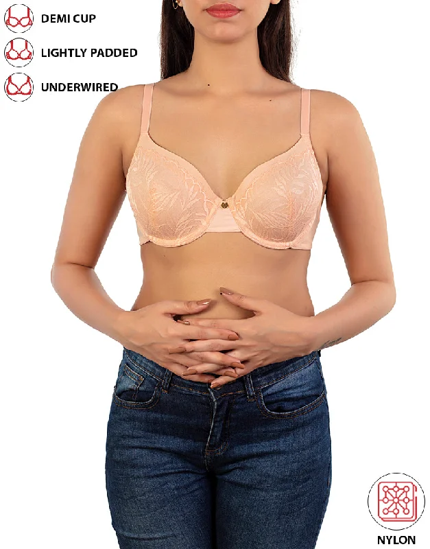 Wide - strap underwire wired bras for added comfort LOSHA FEATHER LIGHT PADDED LACE DEMI CUP BRA-ROSE CLOUD Wide - strap underwire wired bras for added comfort LOSHA FEATHER LIGHT PADDED LACE DEMI CUP BRA-ROSE CLOUD