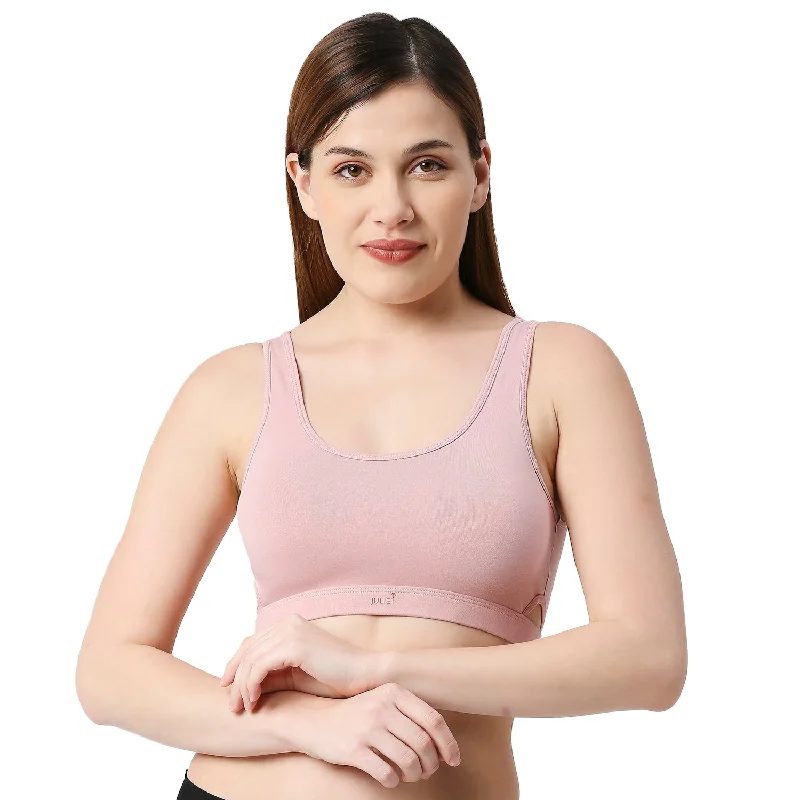Wireless - like underwire wired bras with soft support JS 90-4 Padded Solid Low Impact Sports Bra Peach Wireless - like underwire wired bras with soft support JS 90-4 Padded Solid Low Impact Sports Bra Peach