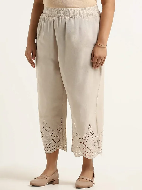 Women's printed floral pants High - waisted women jeans for a flattering silhouette Diza Beige Cotton Cutwork Pants Women's printed floral pants High - waisted women jeans for a flattering silhouette Diza Beige Cotton Cutwork Pants