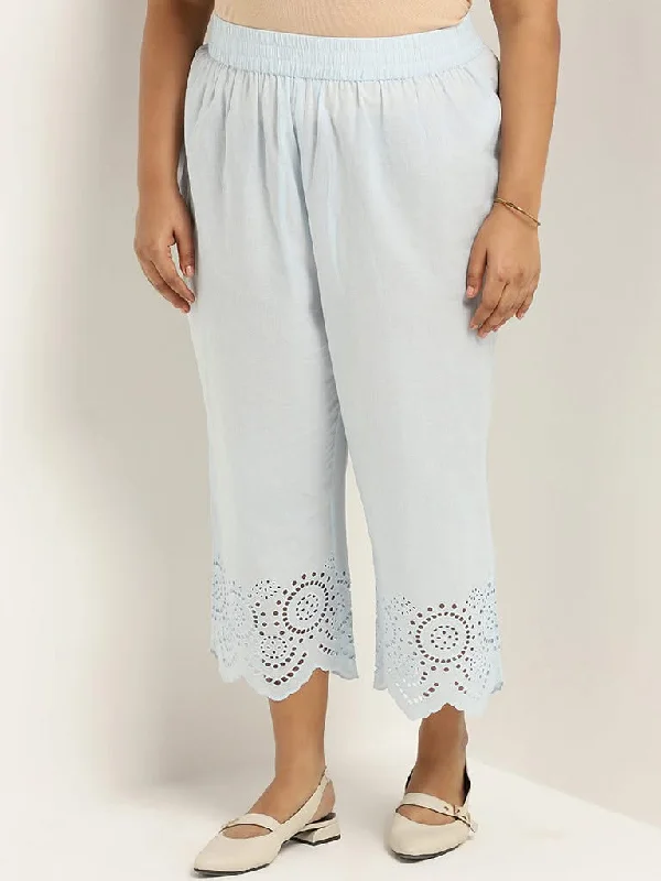 Women's drawstring athletic pants High - rise flare women jeans for a 70s - inspired look Diza Light Blue Cotton Cutwork Pants Women's drawstring athletic pants High - rise flare women jeans for a 70s - inspired look Diza Light Blue Cotton Cutwork Pants