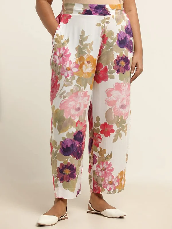 Women's polyester workout pants Button - fly women jeans with a traditional touch Diza White Floral Printed Straight Pants Women's polyester workout pants Button - fly women jeans with a traditional touch Diza White Floral Printed Straight Pants