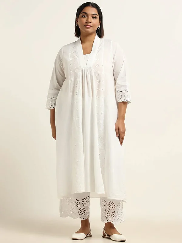 Women's pants with thermal lining Wide - leg women jeans for a modern and relaxed vibe Diza White Schiffli Cotton Kurta