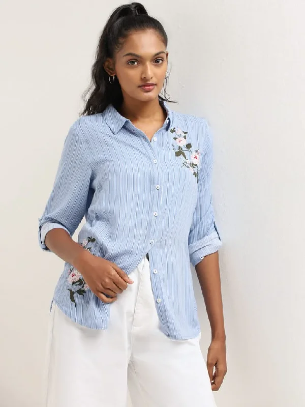 Women's budget - friendly denim pants Button - fly women jeans with a traditional touch LOV Blue Striped Shirt Women's budget - friendly denim pants Button - fly women jeans with a traditional touch LOV Blue Striped Shirt