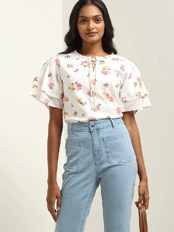 Women's embroidered ethnic pants Ripped women jeans for a rebellious and fashion - forward style LOV White Printed Cotton Top Women's embroidered ethnic pants Ripped women jeans for a rebellious and fashion - forward style LOV White Printed Cotton Top