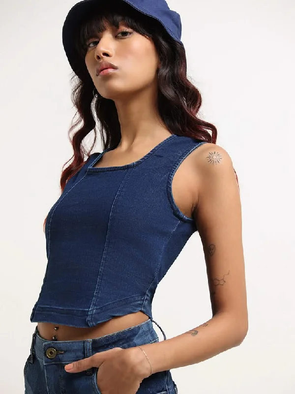 Women's leather moto pants Wide - leg women jeans for a modern and relaxed vibe Nuon Blue Denim Crop Top Women's leather moto pants Wide - leg women jeans for a modern and relaxed vibe Nuon Blue Denim Crop Top