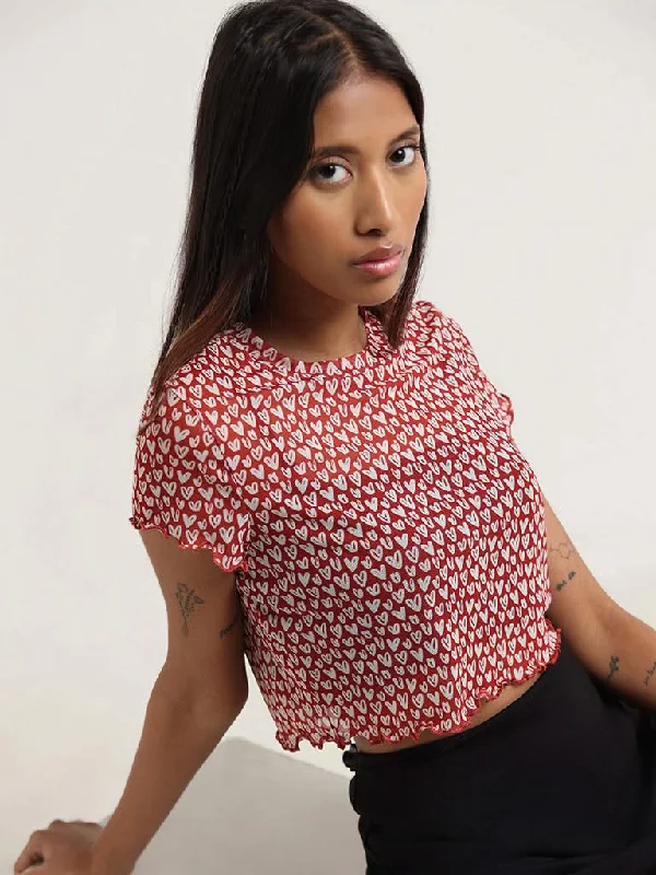 Women's petite - fit skinny pants High - waisted women jeans for a flattering silhouette Nuon Red Printed Crop Top