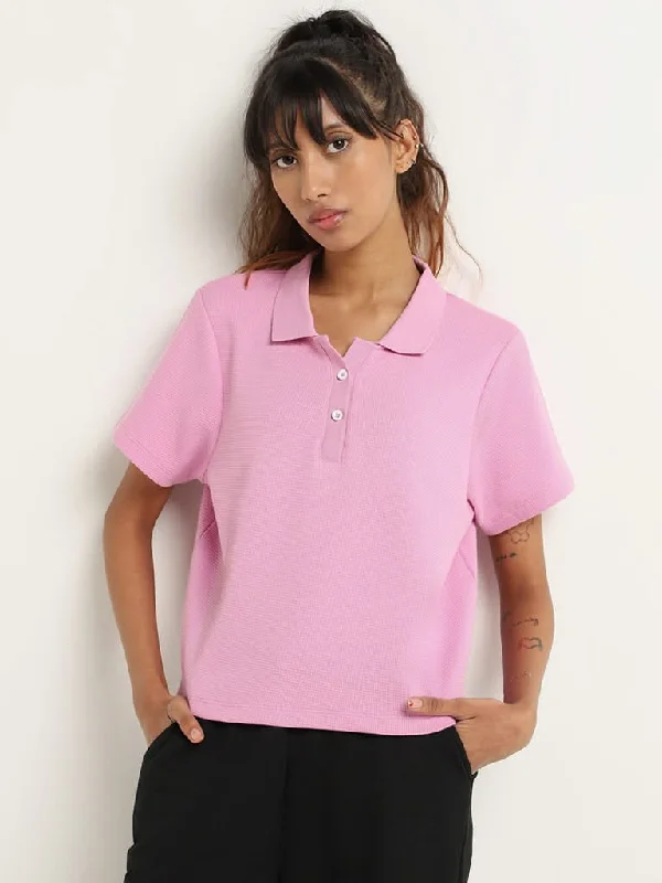 Women's cotton jogger pants Acid - wash women jeans with a retro finish Studiofit Pink Polo T-Shirt Women's cotton jogger pants Acid - wash women jeans with a retro finish Studiofit Pink Polo T-Shirt