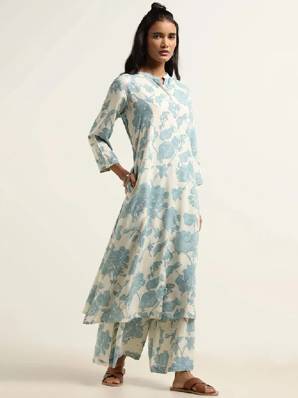 Women's tie - dye festival pants Straight - leg women jeans with a classic and timeless appeal Utsa Blue Floral Cotton Kurta