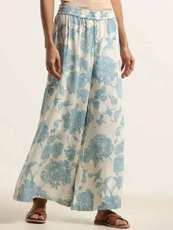 Women's pants for beach parties Straight - leg women jeans with a classic and timeless appeal Utsa Blue Floral Cotton Palazzos