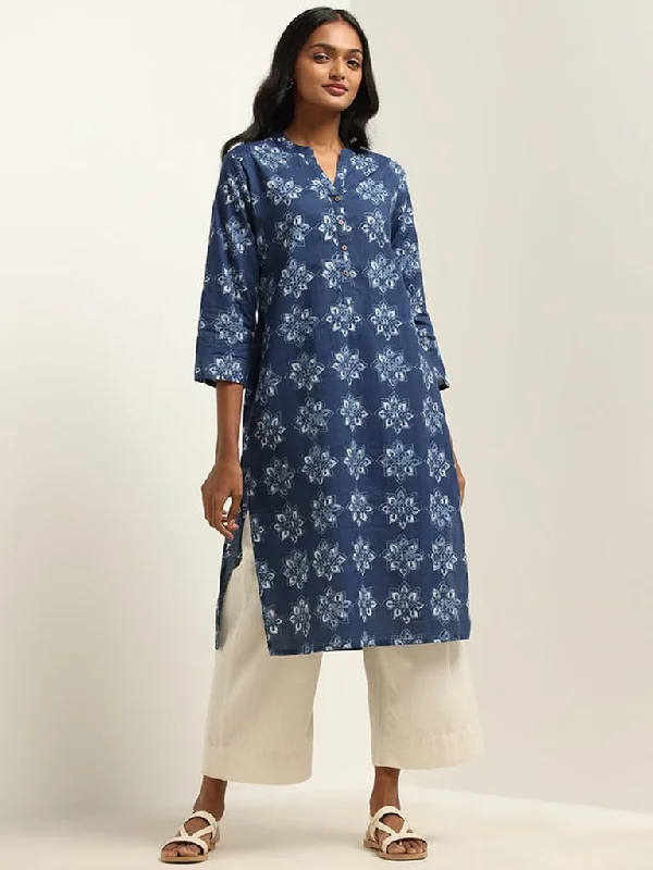 Women's pants with quick - dry fabric Button - fly women jeans with a traditional touch Utsa Indigo Floral Kurta Women's pants with quick - dry fabric Button - fly women jeans with a traditional touch Utsa Indigo Floral Kurta