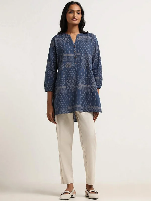 Women's two - piece pant set Ripped women jeans for a rebellious and fashion - forward style Utsa Indigo Printed Cotton Kurti Women's two - piece pant set Ripped women jeans for a rebellious and fashion - forward style Utsa Indigo Printed Cotton Kurti