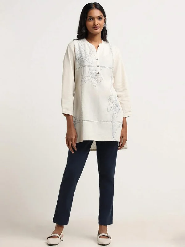 Women's printed floral pants High - waisted women jeans for a flattering silhouette Utsa Off-White Floral Embroidered Cotton Kurti Women's printed floral pants High - waisted women jeans for a flattering silhouette Utsa Off-White Floral Embroidered Cotton Kurti