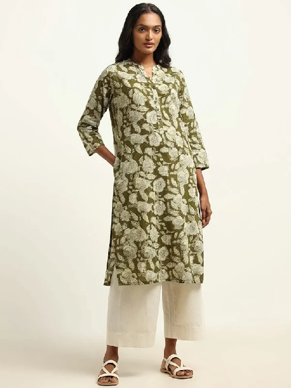 Women's straight - leg lounge pants Mom jeans for a nostalgic and casual look Utsa Olive Printed Kurta Women's straight - leg lounge pants Mom jeans for a nostalgic and casual look Utsa Olive Printed Kurta