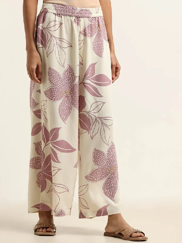 Women's pocket - equipped casual pants Button - fly women jeans with a traditional touch Utsa Purple Floral Palazzos