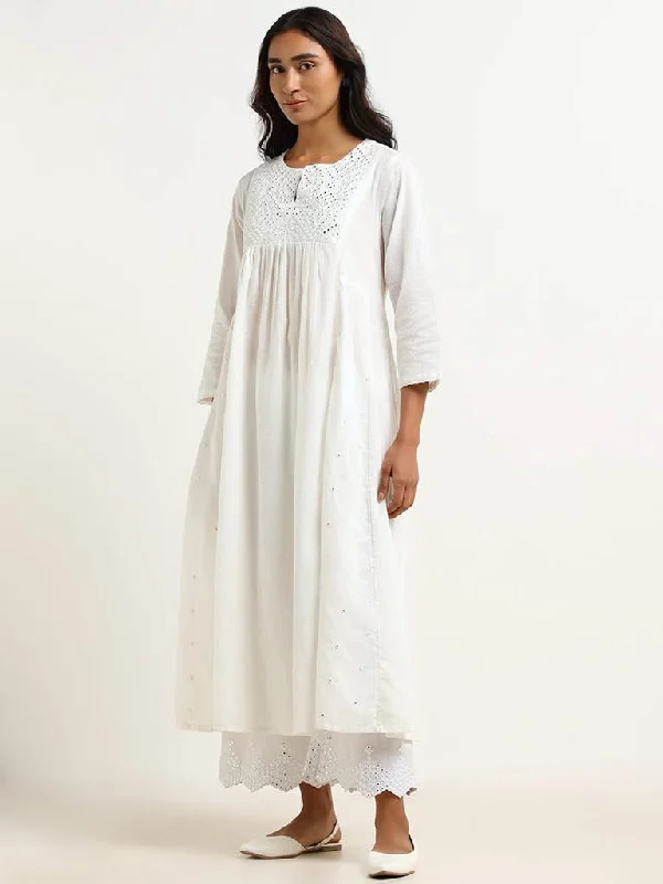 Women's pants for garden parties Colored women jeans in vibrant hues like red and yellow Utsa White Embroidered Kurta