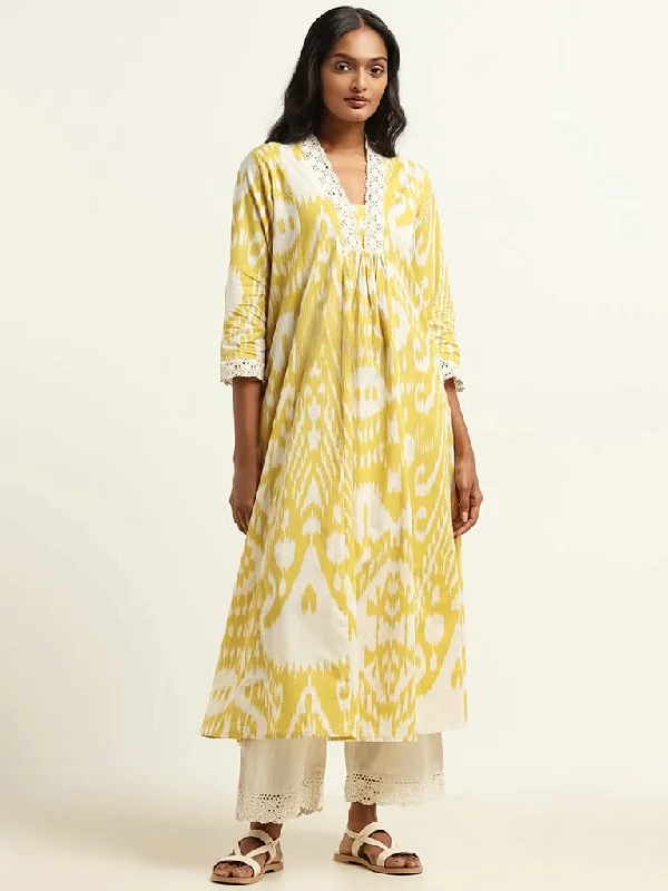 Women's summer - weight linen pants High - waisted women jeans for a flattering silhouette Utsa Yellow Ikkat Kurta Women's summer - weight linen pants High - waisted women jeans for a flattering silhouette Utsa Yellow Ikkat Kurta