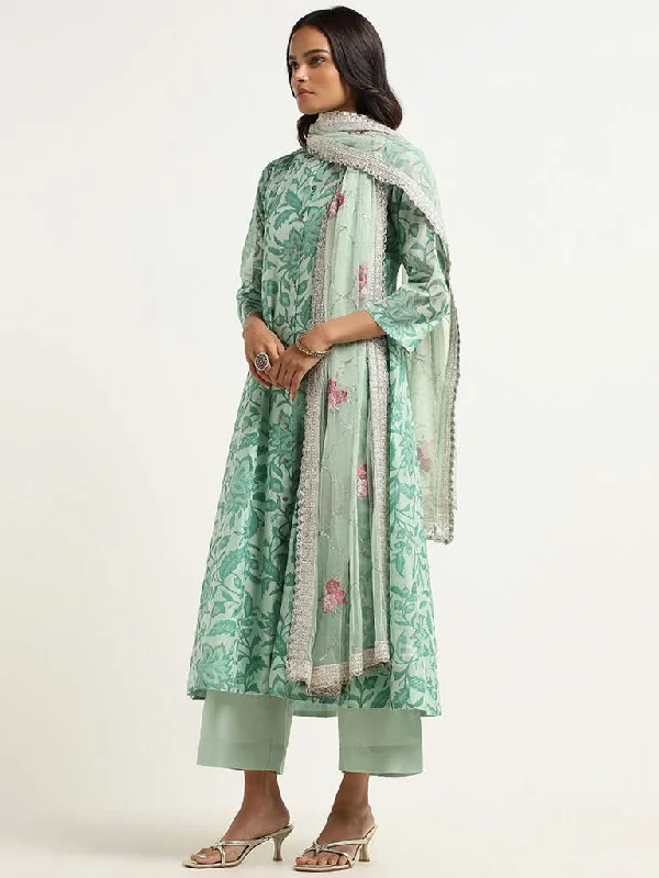Women's flared office pants Ripped women jeans for a rebellious and fashion - forward style Vark Light Green Printed Cotton Blend Kurta with Inner, Palazzos and Dupatta Set