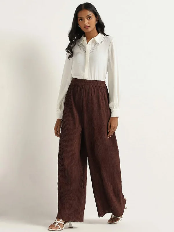 Women's lace - trimmed evening pants Light - wash women jeans for a fresh and summery appearance Wardrobe Brown Self-Patterned Palazzos Women's lace - trimmed evening pants Light - wash women jeans for a fresh and summery appearance Wardrobe Brown Self-Patterned Palazzos