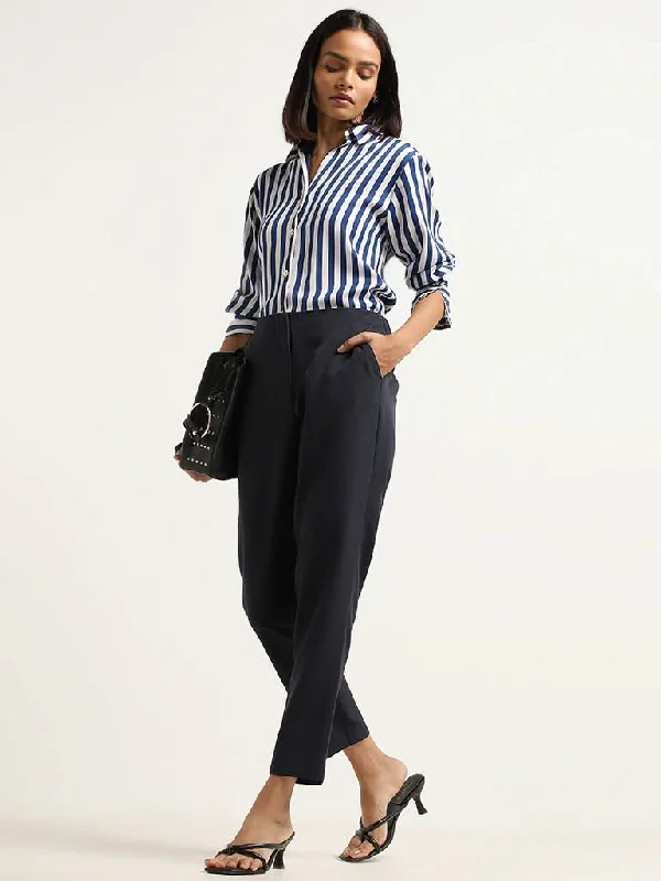 Women's drawstring athletic pants High - rise flare women jeans for a 70s - inspired look Wardrobe Plain Navy Trousers Women's drawstring athletic pants High - rise flare women jeans for a 70s - inspired look Wardrobe Plain Navy Trousers