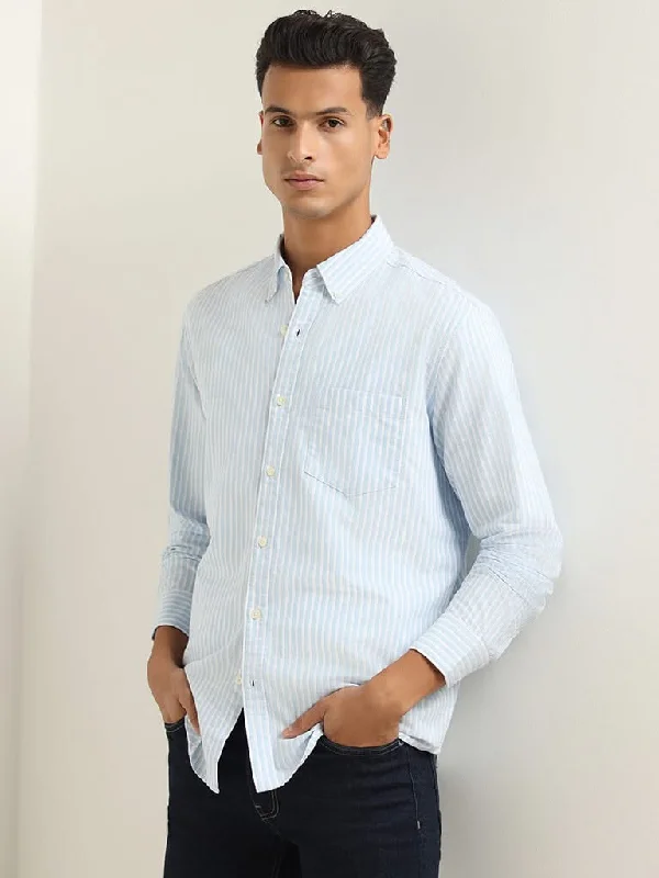 Women's pants with thermal lining Wide - leg women jeans for a modern and relaxed vibe WES Casuals Light Blue Striped Cotton Blend Relaxed Fit Shirt Women's pants with thermal lining Wide - leg women jeans for a modern and relaxed vibe WES Casuals Light Blue Striped Cotton Blend Relaxed Fit Shirt