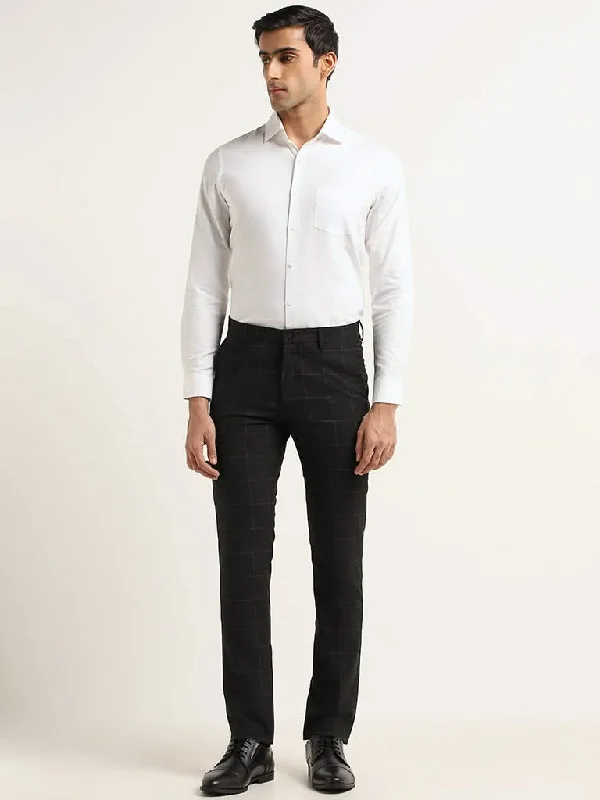 Women's linen summer pants High - rise flare women jeans for a 70s - inspired look WES Formals Black Checked Cotton Ultra Slim Fit Trousers Women's linen summer pants High - rise flare women jeans for a 70s - inspired look WES Formals Black Checked Cotton Ultra Slim Fit Trousers