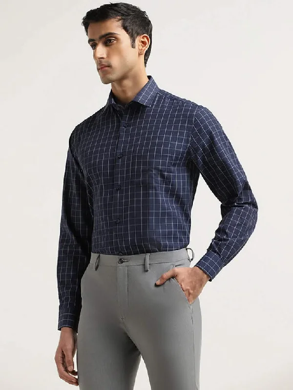 Women's pants with quick - dry fabric Button - fly women jeans with a traditional touch WES Formals Blue Checked Printed Cotton Relaxed Fit Shirt
