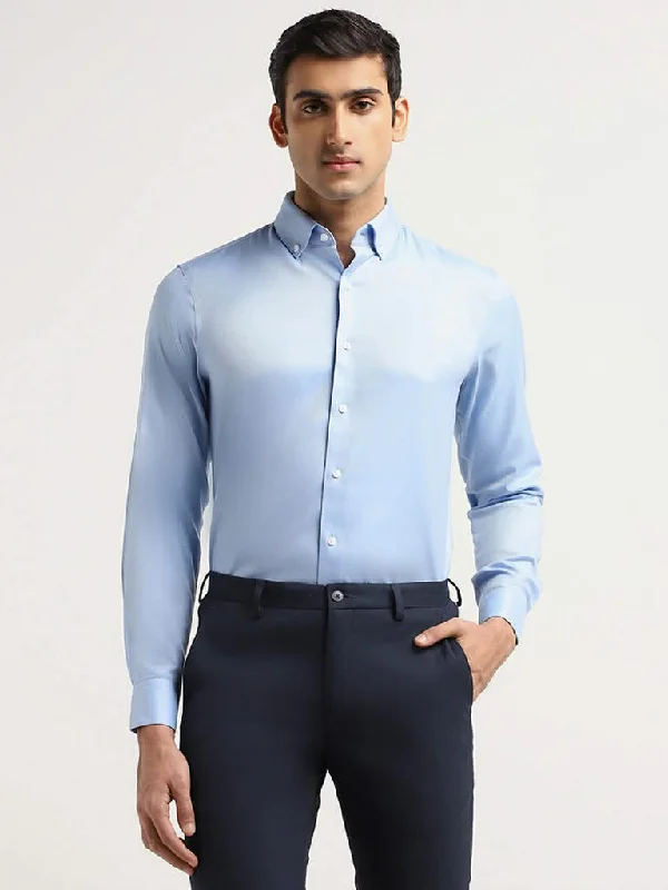 Women's polyester workout pants Button - fly women jeans with a traditional touch WES Formals Blue Self-Patterned Cotton Slim Fit Shirt