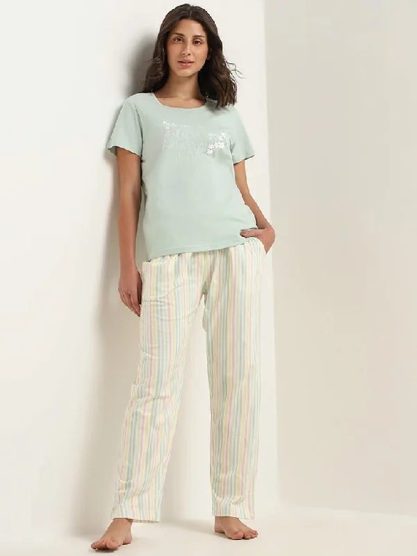 Women's hand - made artisanal pants Acid - wash women jeans with a retro finish Wunderlove Multicolored Striped Cotton Pyjamas