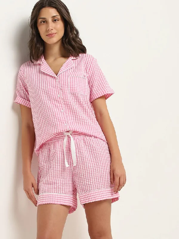 Women's linen summer pants High - rise flare women jeans for a 70s - inspired look Wunderlove Pink Gingham-Printed Cotton Shirt and Shorts Set