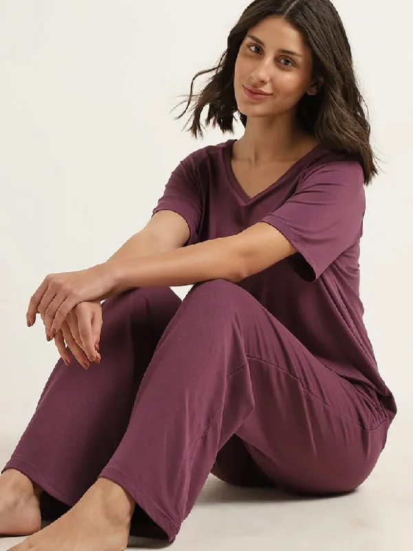 Women's cotton jogger pants Acid - wash women jeans with a retro finish Wunderlove Purple Flared Cotton Supersoft Pants